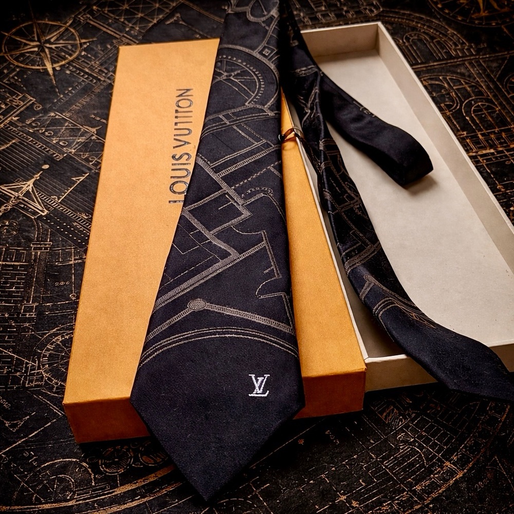 🎁HOLIDAY 26’🎁🔥🆕💯AUTHN LOUIS VUITTON BLK PHARRELL WLMS BLUEPRINT PLAN MOTIF TIE🔥